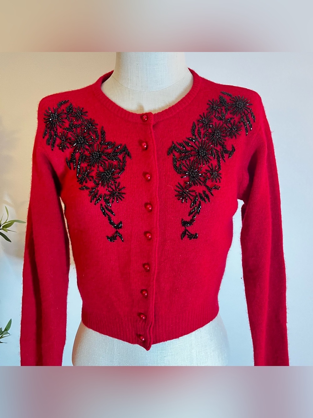 Vintage Red Beaded Floral Cropped Cardigan Sweater
